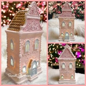 WHITE Glitter Icing Scrollwork LED Lighted Victorian Pink Gingerbread House New